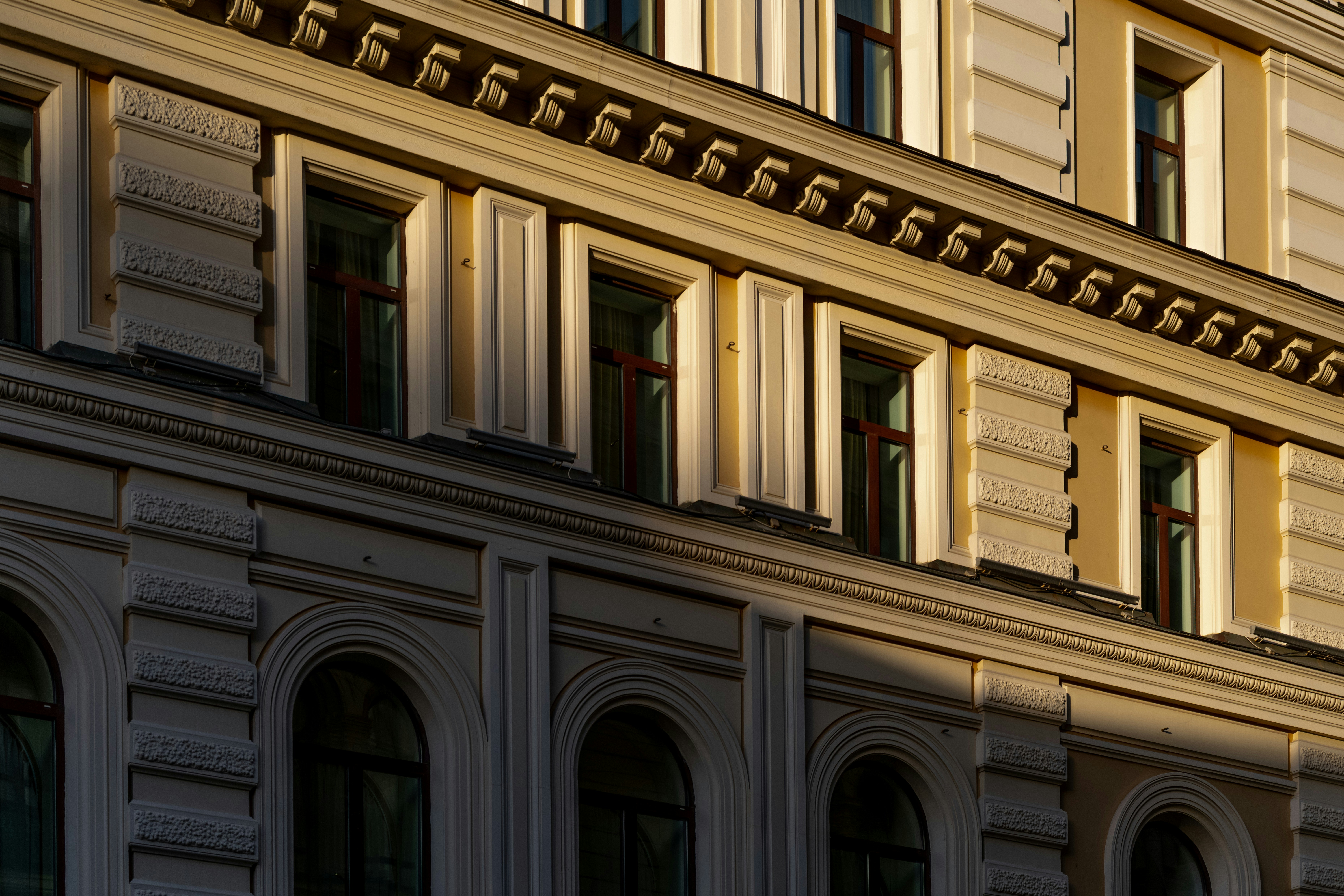 Architecture, looking up between three towers